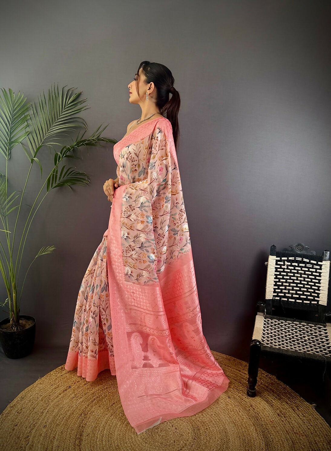 Rose Pink Banarasi Silk Saree with Floral Motifs and Blouse