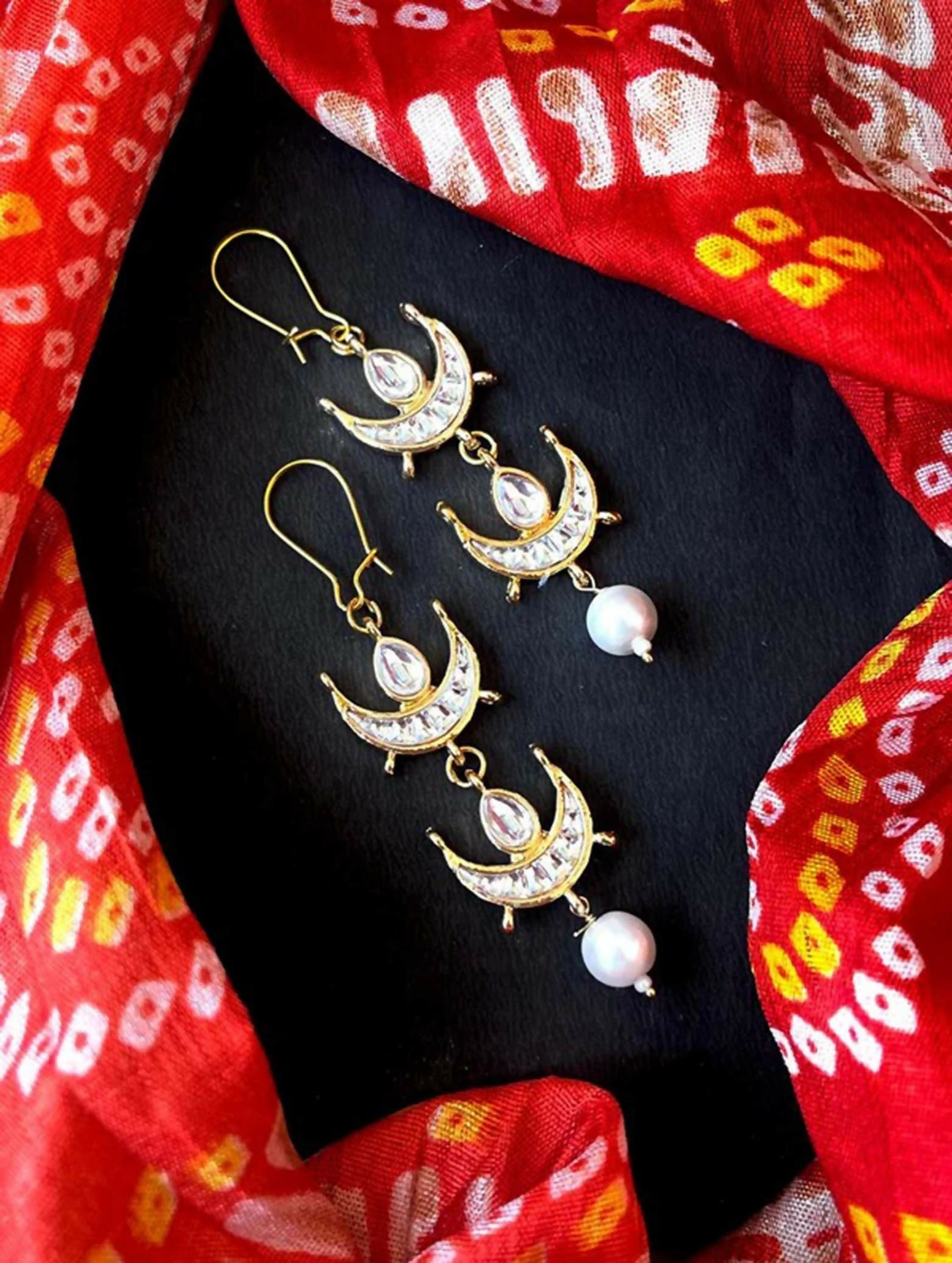 Traditional gold-tone Kundan earrings with white pearl drops for ethnic wear