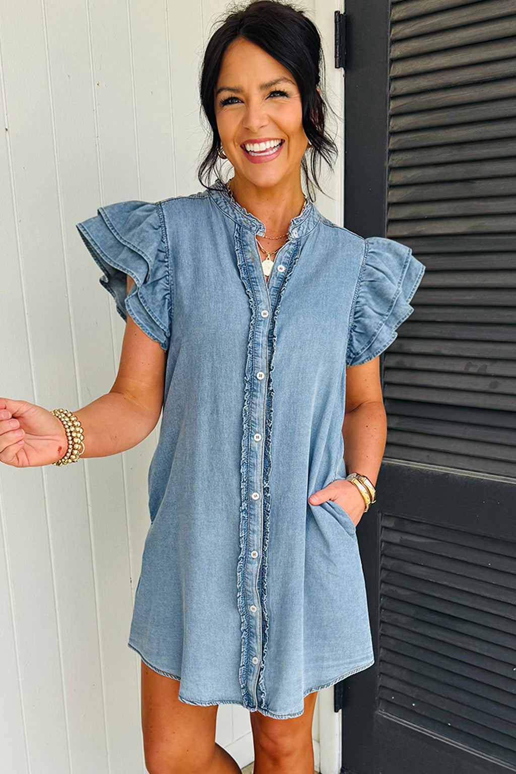 Myosotis Frilled Detail Button Down Ruffle Short Sleeve Denim Mini Dress