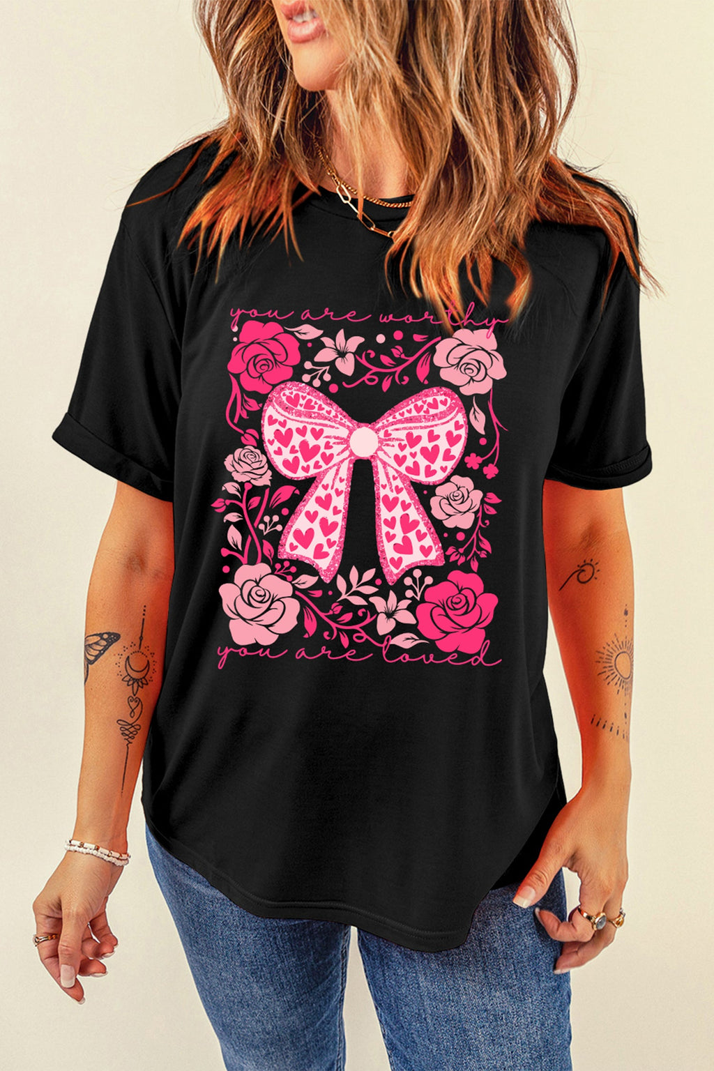 Black Floral Bow Valentine's Day Graphic T-Shirt