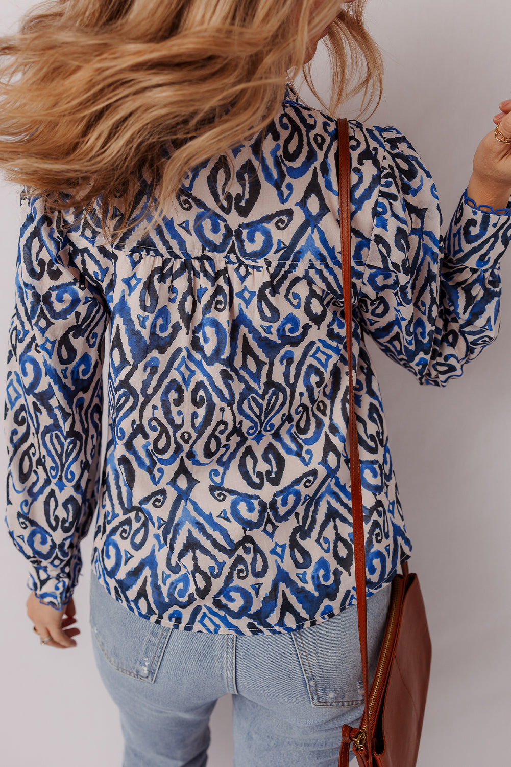 Blue Bohemian Embroidered V-Neck Long Sleeve Shirt