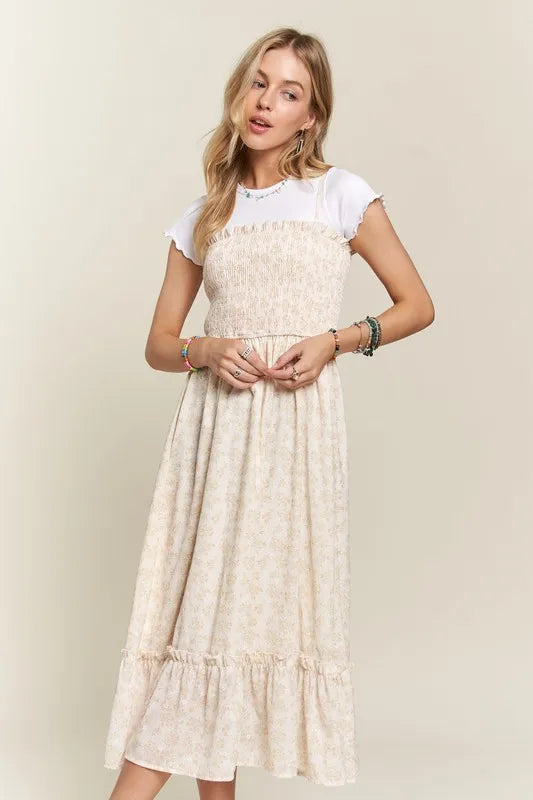 Smocked Floral Cami Dress with Ruffled Hem - Beige & White