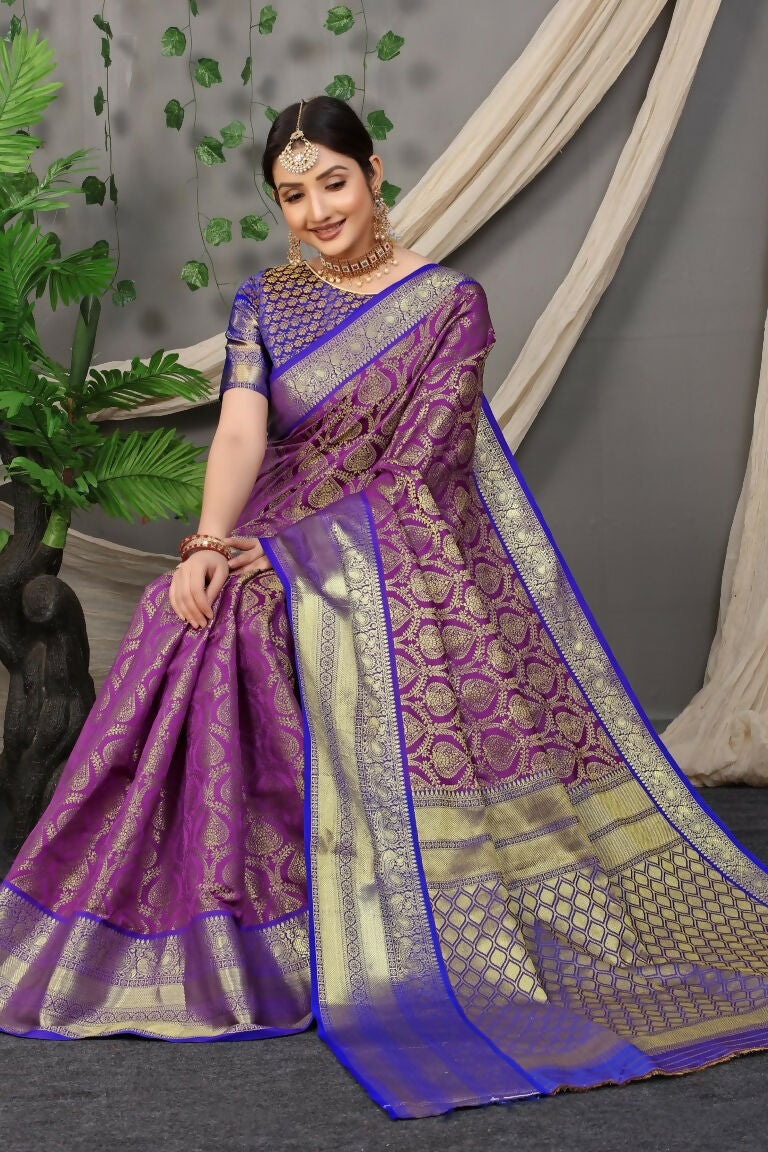 Purple Kanjivaram Silk Zari Woven Saree with Blue Blouse