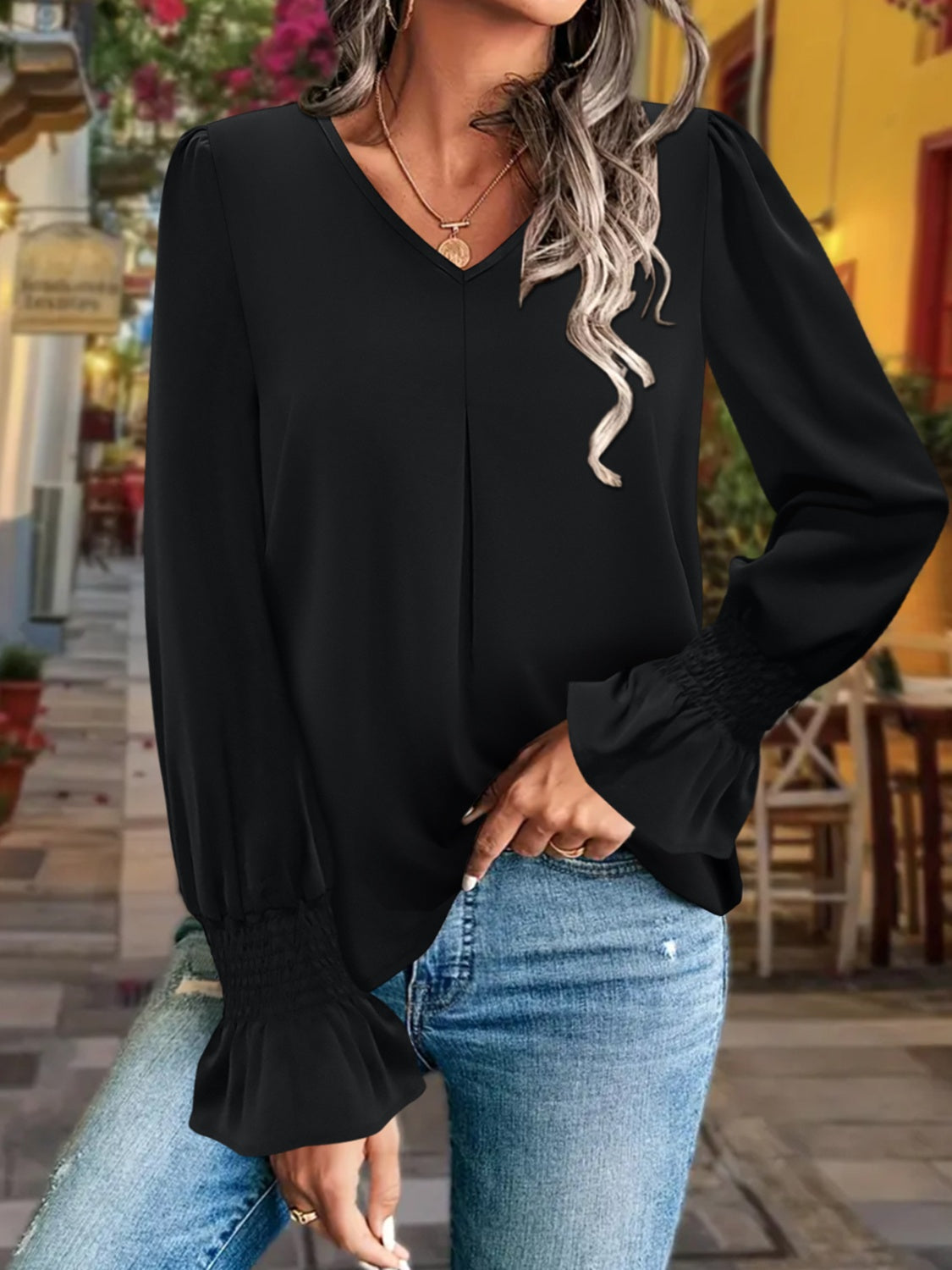 Women's V-Neck Flounce Sleeve Blouse With Ruffled Detail - Image 4