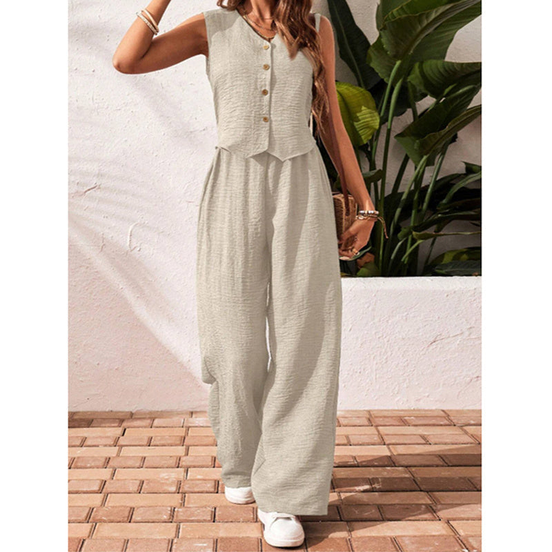 Women’s V-Neck Crop Vest and Wide-Leg Pants Matching Set
