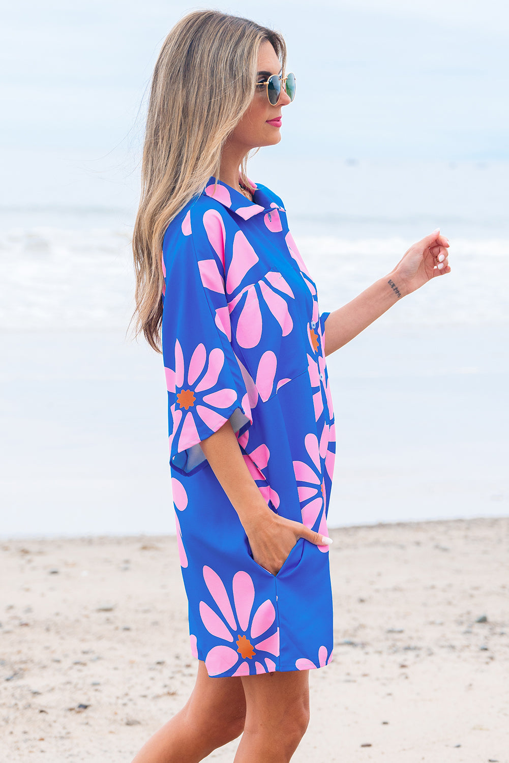 Blue Flower Print Shirt Collar Button Front Loose Romper