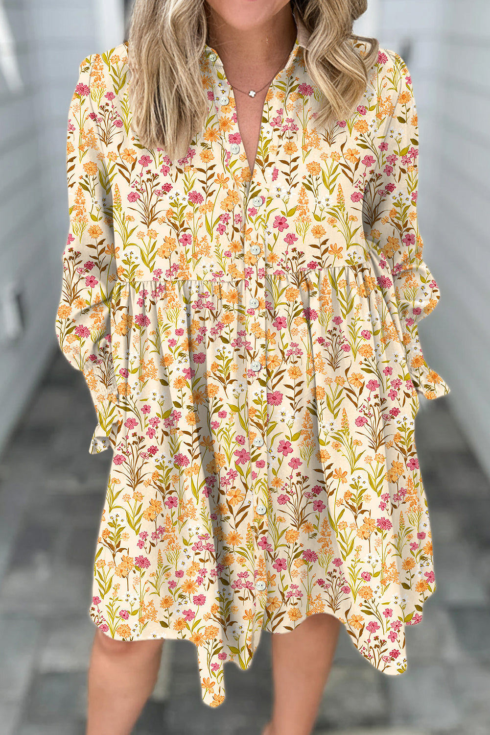 Yellow Floral Print Frilly Trim Smocked Cuff Long Sleeve Shirt Dress