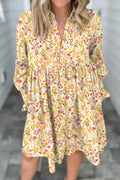 Yellow Floral Print Frilly Trim Smocked Cuff Long Sleeve Shirt Dress