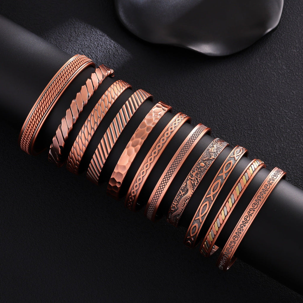 Vintage bohemian style pure copper bracelet with detailed line pattern