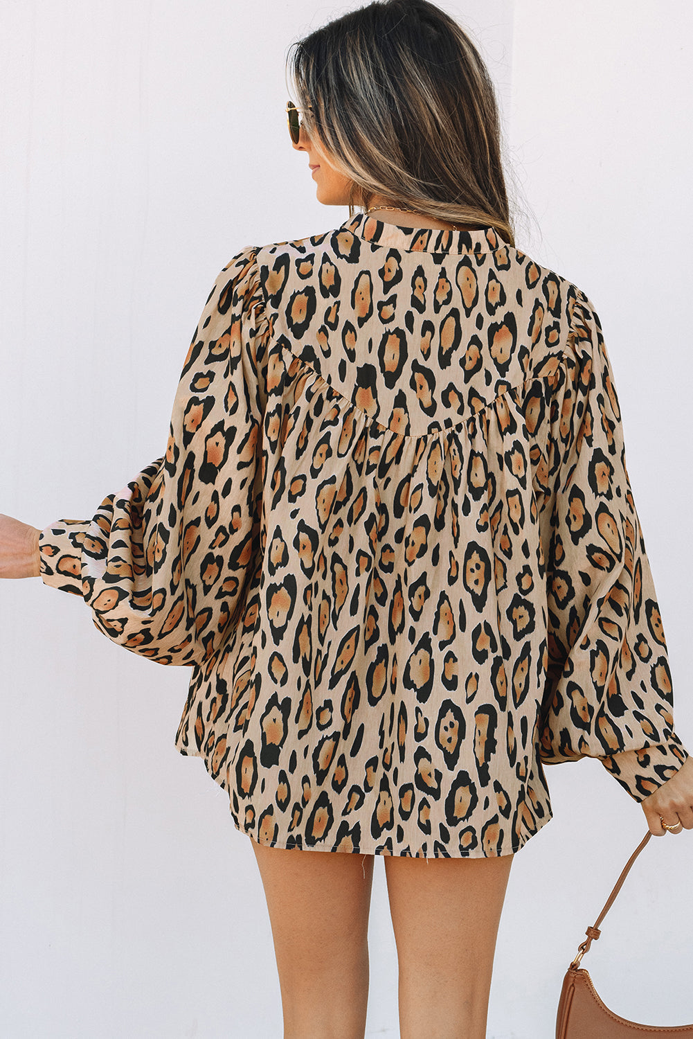 Light Beige Leopard Print Oversized Balloon Sleeve Shirt
