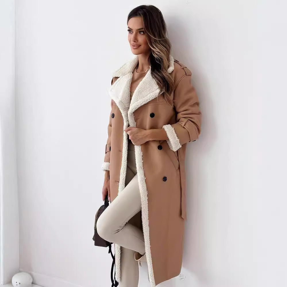 Women’s Double-Breasted Faux Leather Trench Coat with Sherpa Lining - Image 7