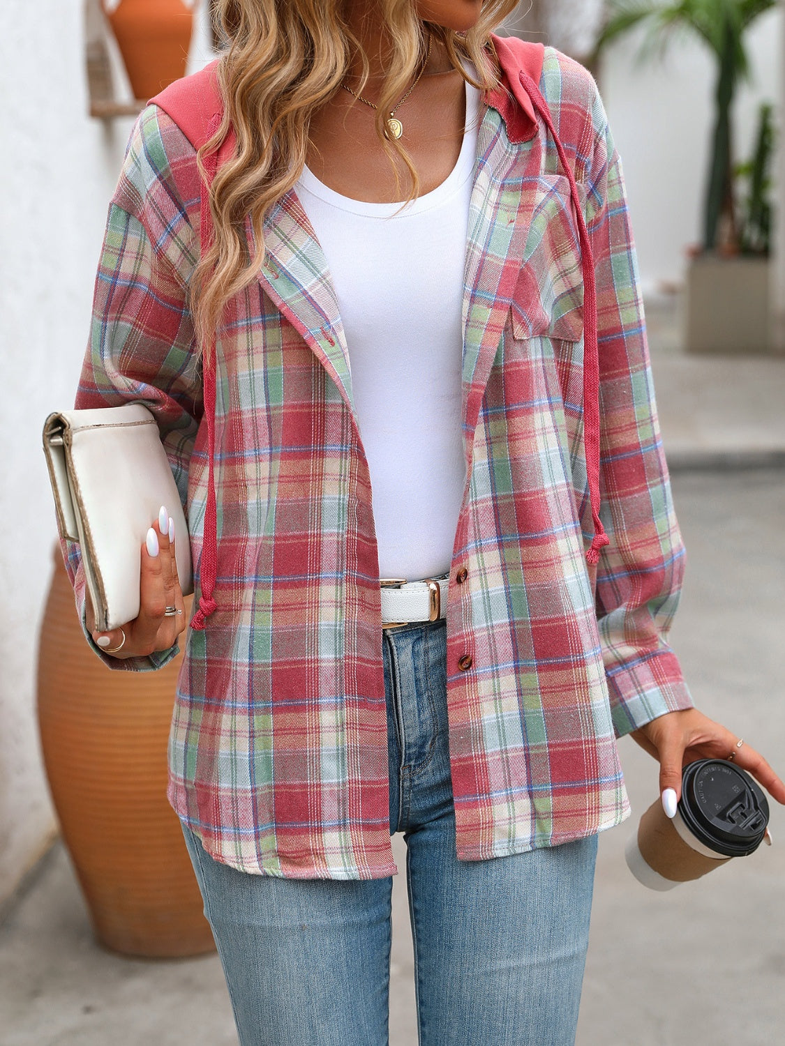 Women's Plaid Long Sleeve Hooded Jacket Casual Button Down Shirt - Image 18