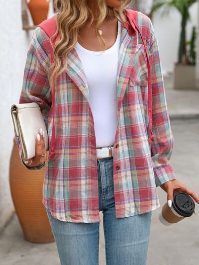 Women's Plaid Button-Down Hooded Jacket Cotton-Blend Shacket