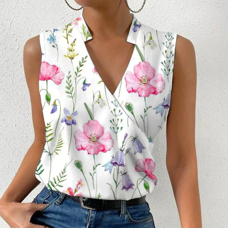 Women's Floral Digital Print Sleeveless V-Neck Summer Blouse - Image 7