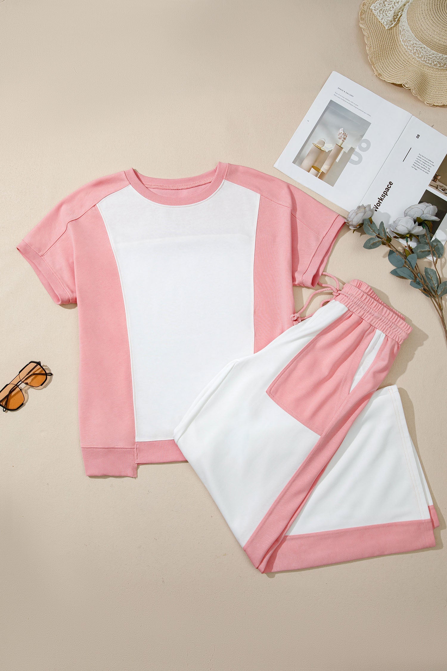 Colorblock Patchwork Knit Lounge Set in Pink and Cream