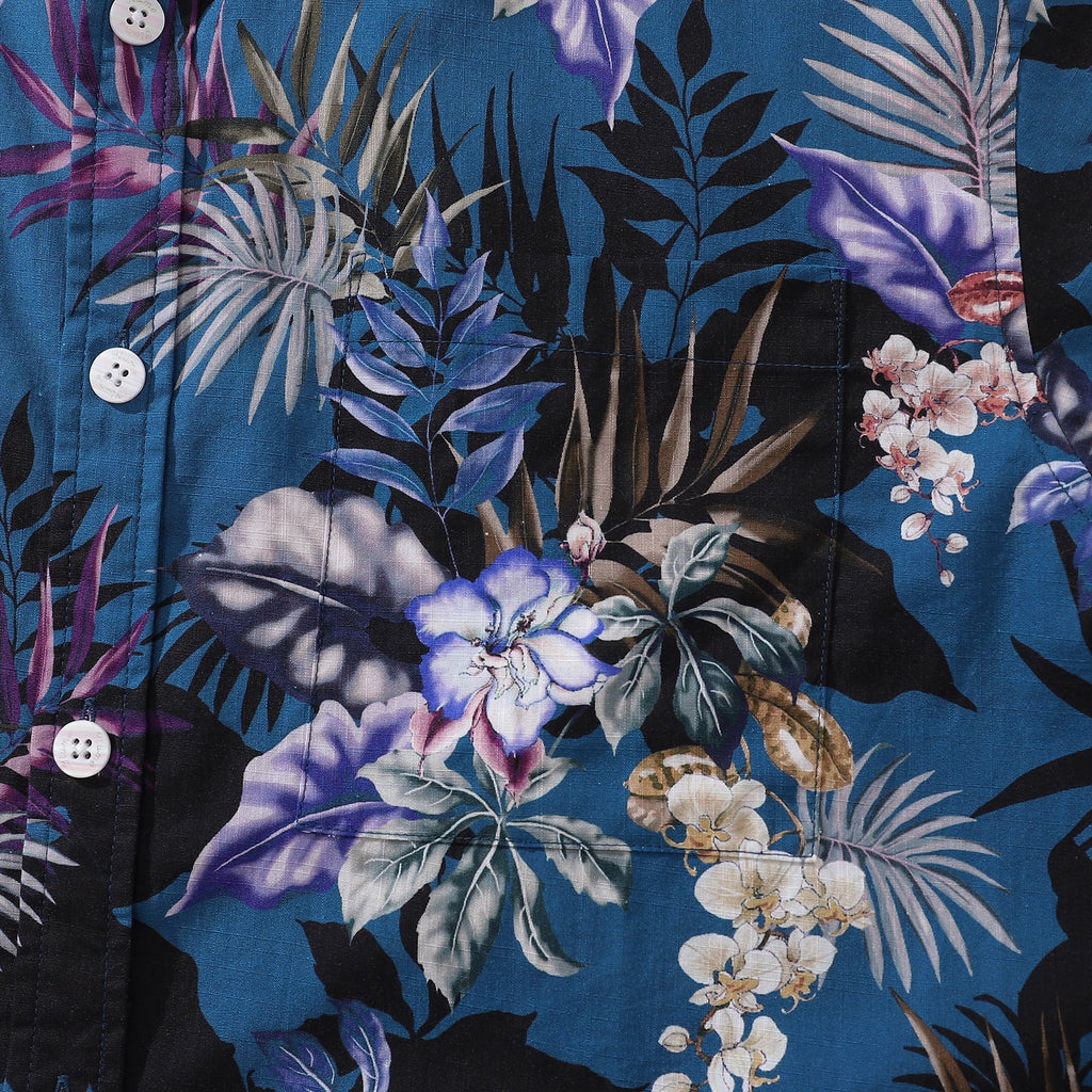 Dark Blue Hand-Painted Orchid Floral Cotton Button-Down Shirt