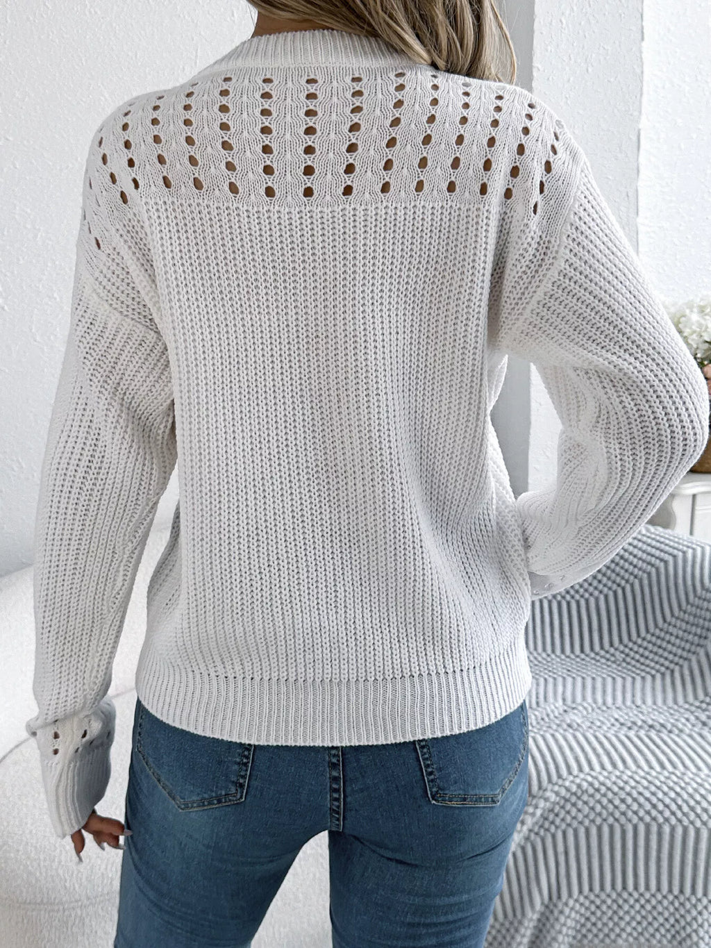 Openwork Round Neck Long Sleeve Sweater