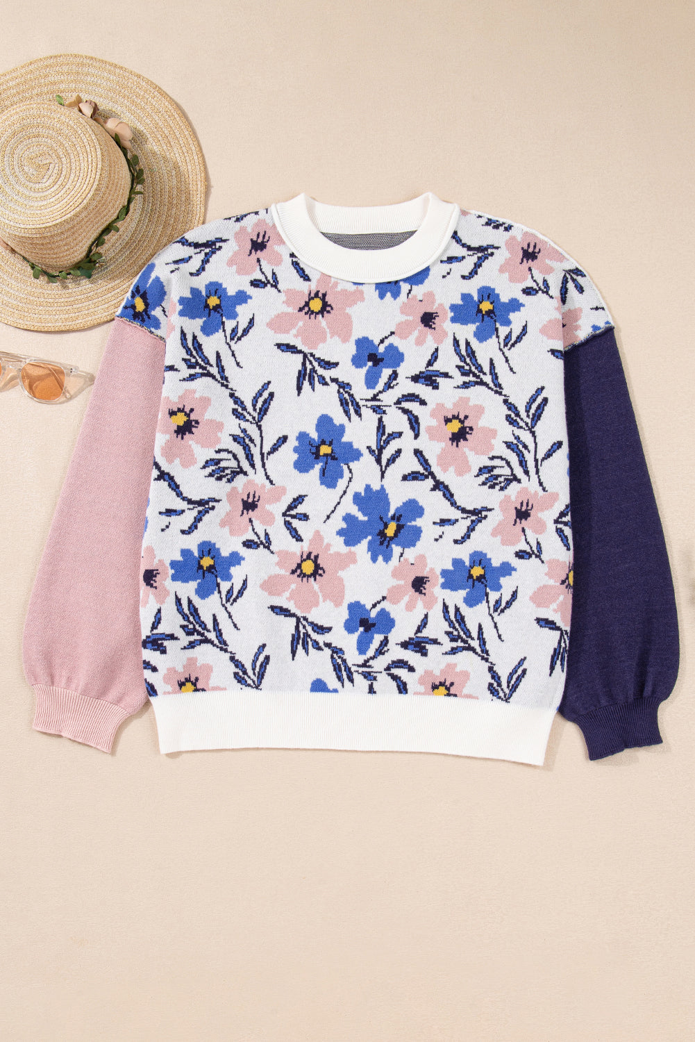 Floral Panel Colorblock Sleeve Crewneck Sweater