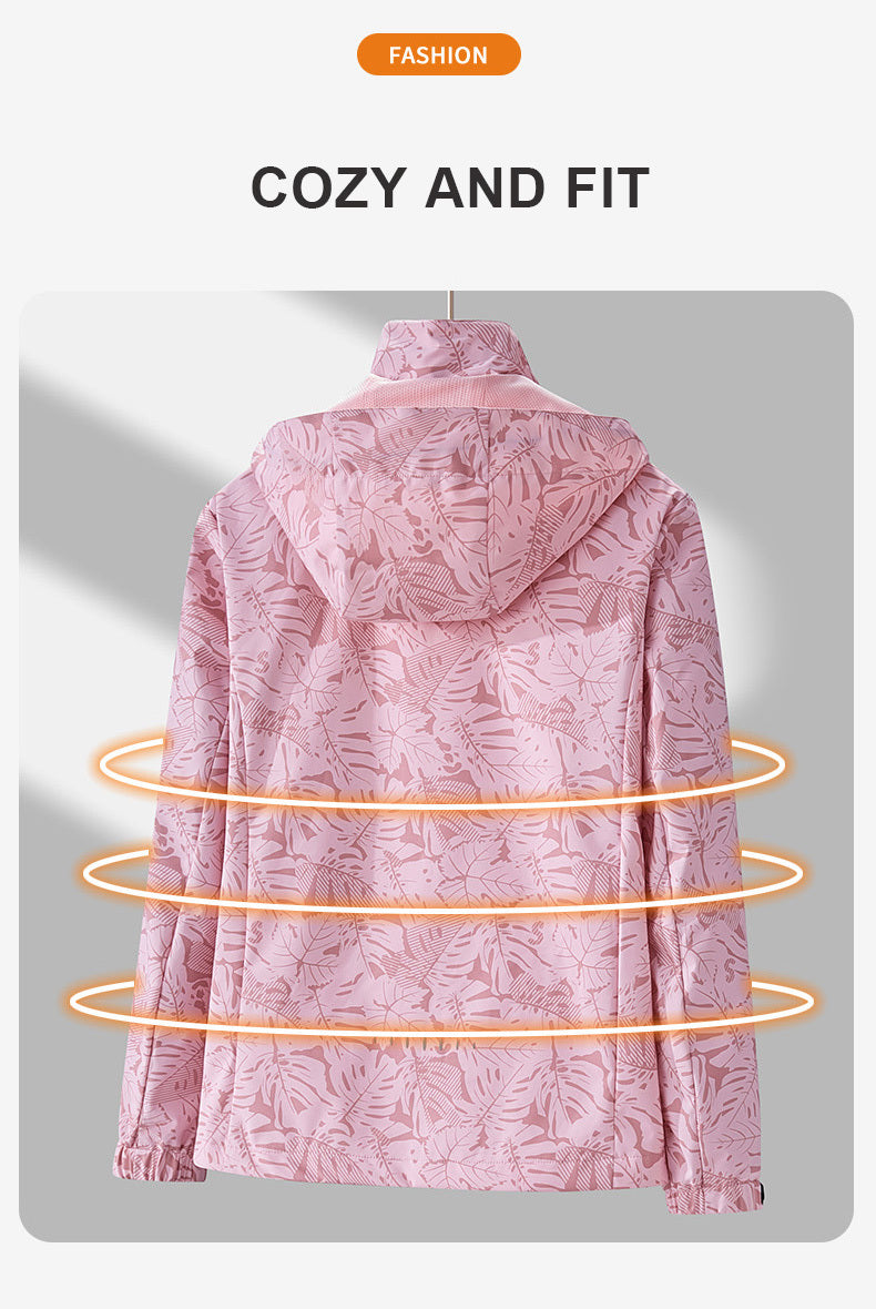 Women's Tropical Leaf Print Lightweight Windproof Hooded Jacket - Image 19
