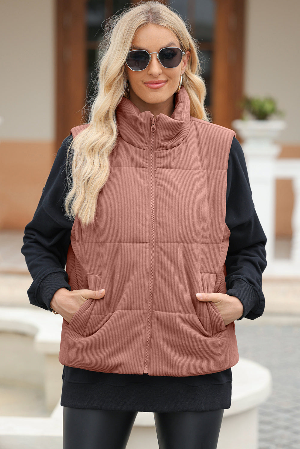 Pocketed Zip Up Turtleneck Vest Coat | Polyester