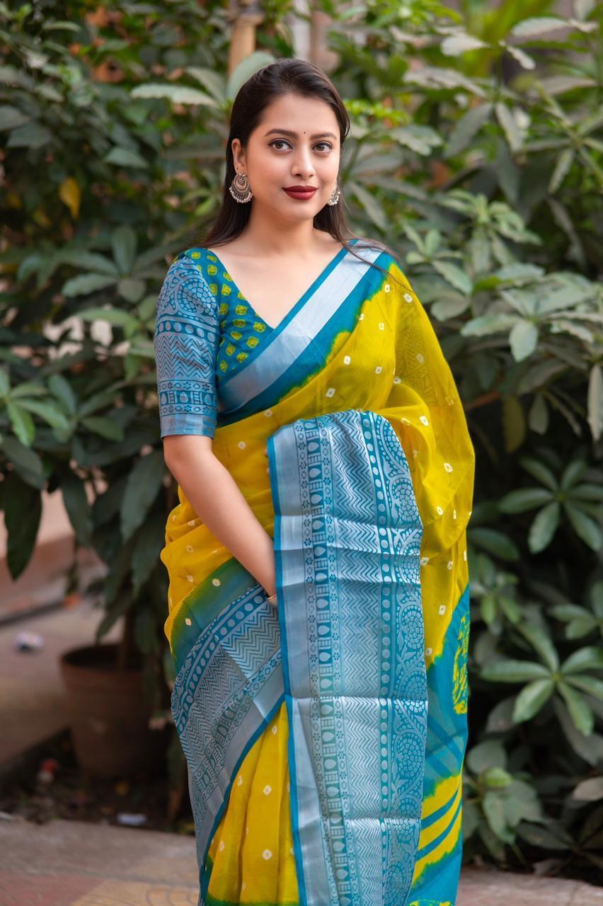 Yellow Jute Silk Ethnic Bandhani Print Saree with Broaso Border