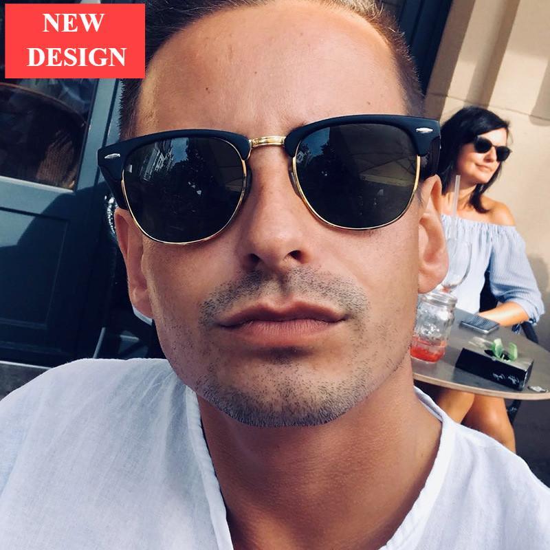 Unisex retro semi-rimless polarized sunglasses available in black, gold, and tortoise.