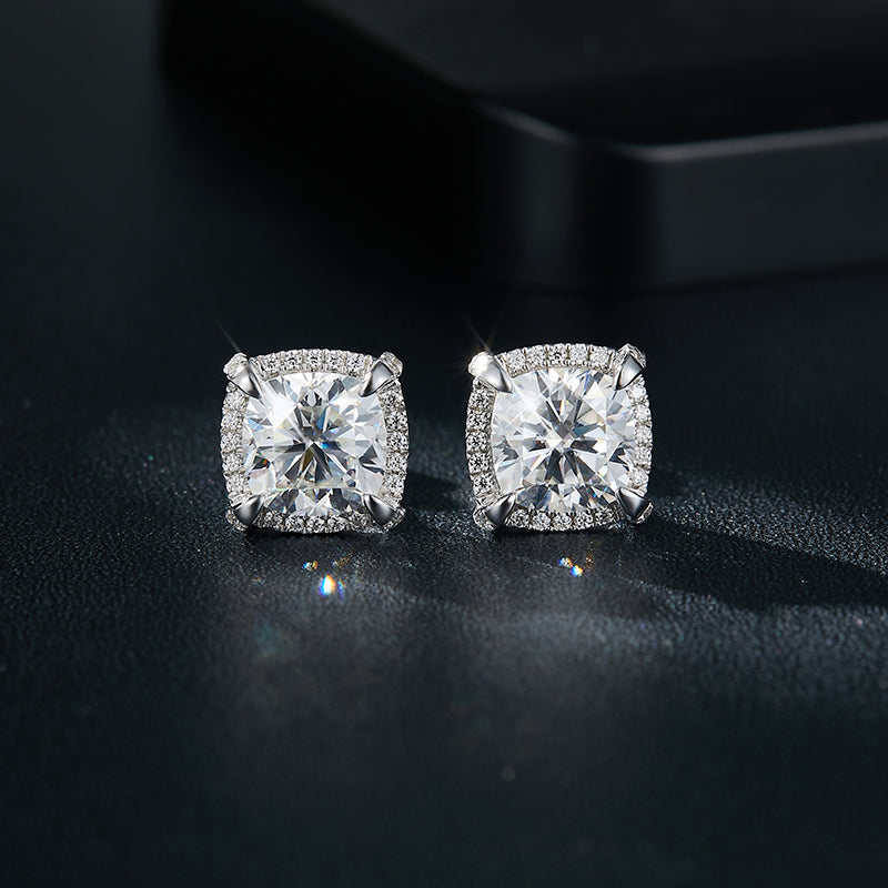 Cushion Cut Moissanite Halo Stud Earrings in Sterling Silver