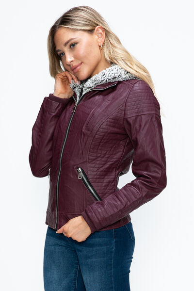 Dual-Zipper Layered Jacket with Fuzzy Hood in Burgundy and Grey