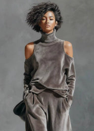 Women's Grey Velvet Cold-Shoulder Turtleneck Pants Set