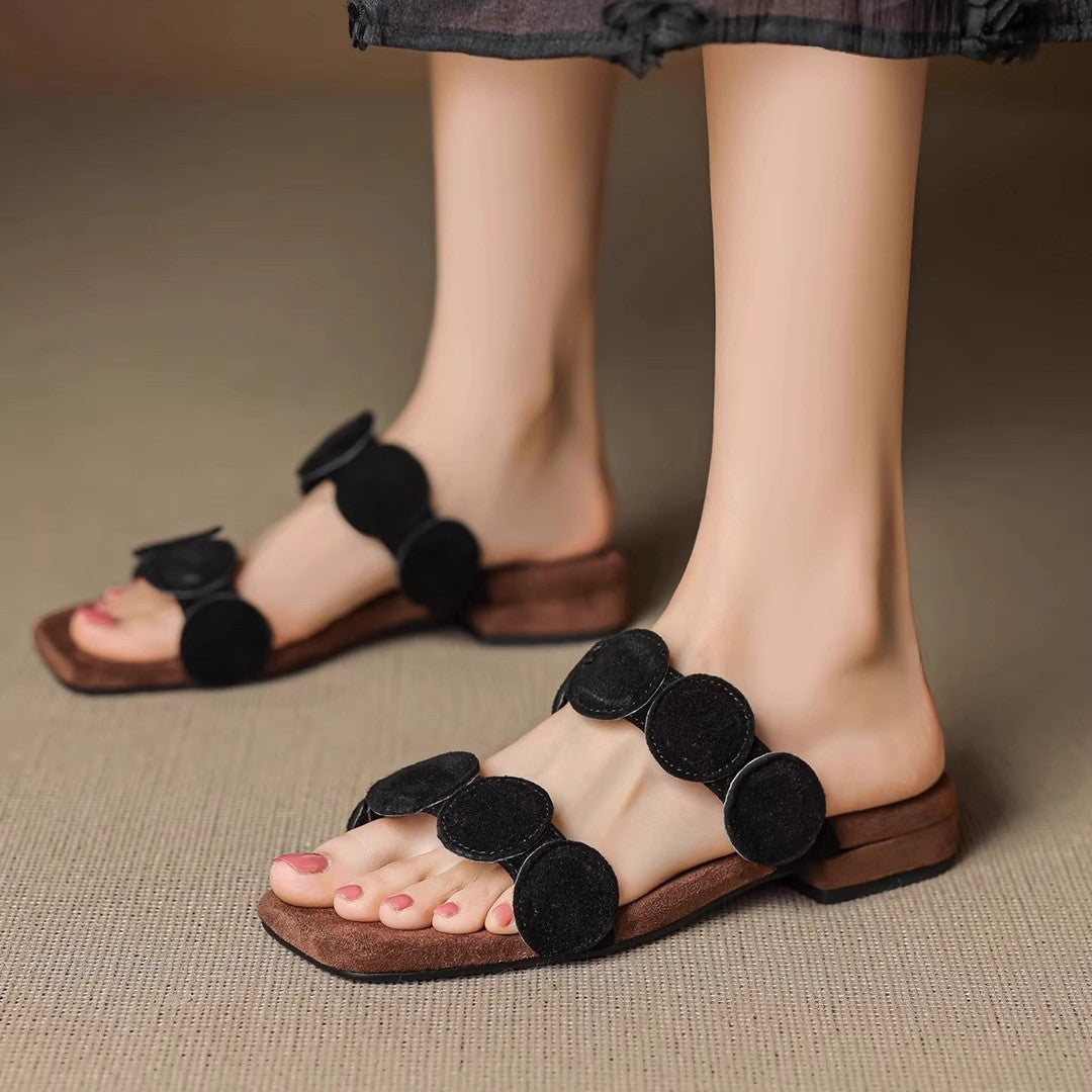 Square Toe Sheepskin Slip-On Mules – Korean Style Flat Slides