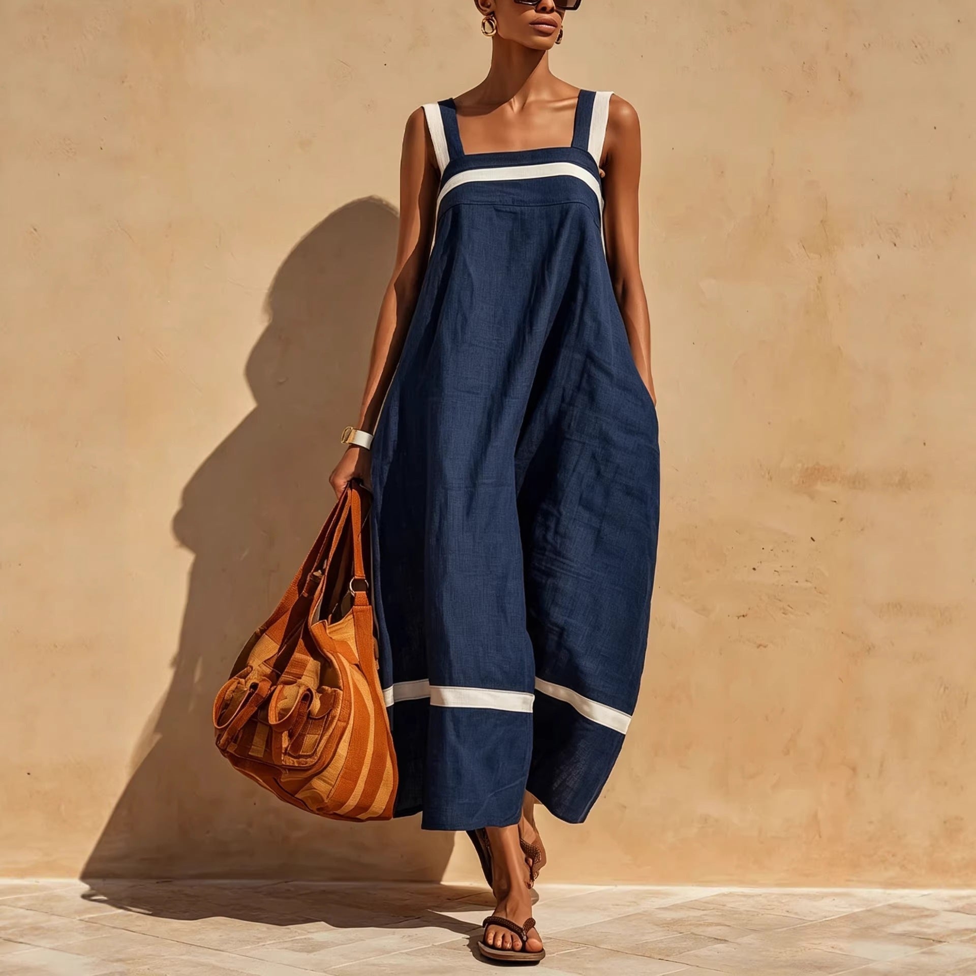 Women's Contrast Strap Midi Dress in Linen Blend - Image 5
