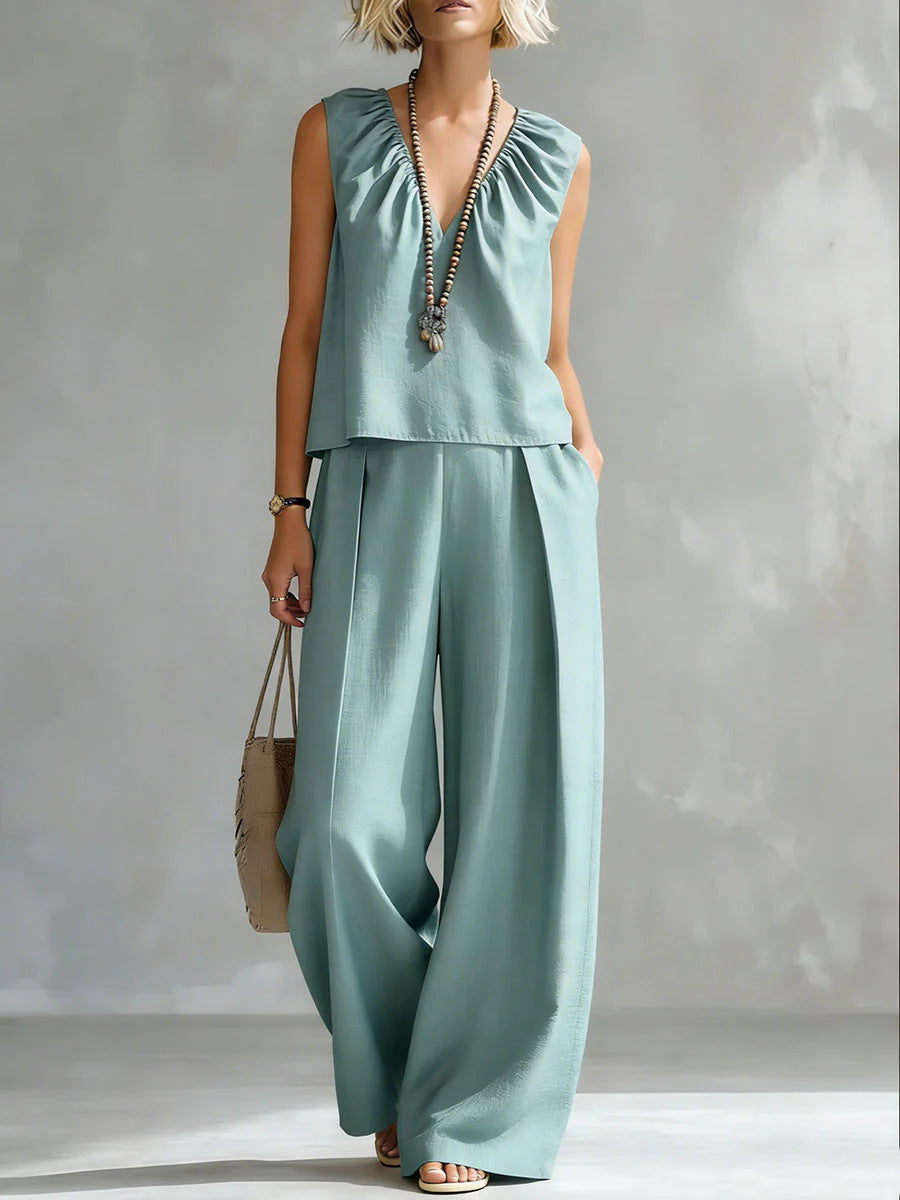 Women's Sleeveless Cotton-Linen Blouse and Wide-Leg Pants Set - Image 9