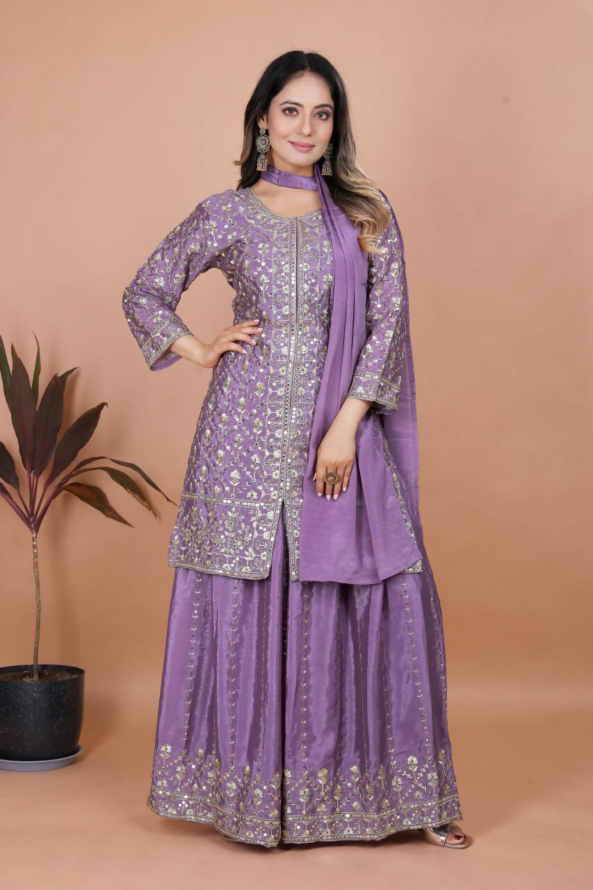 Purple Silk Embroidered Sharara Set with Kurti