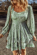 Floral print mini dress with square neckline and ruffle hem.