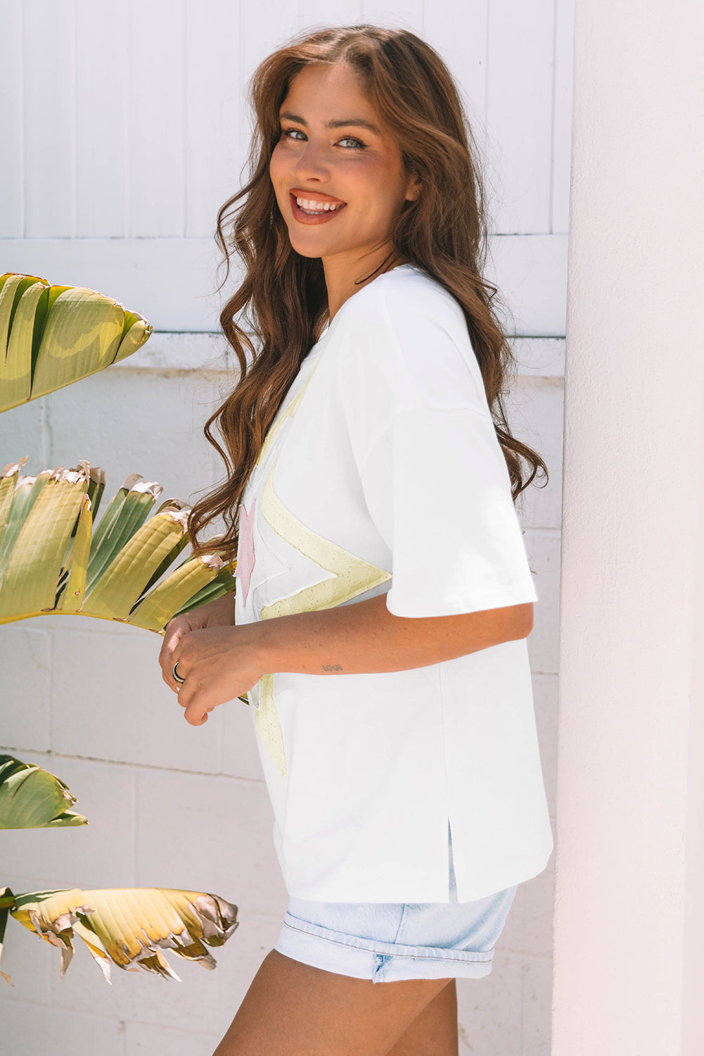 White Layered Star Patched Half Sleeve Loose Fit Cotton Tee