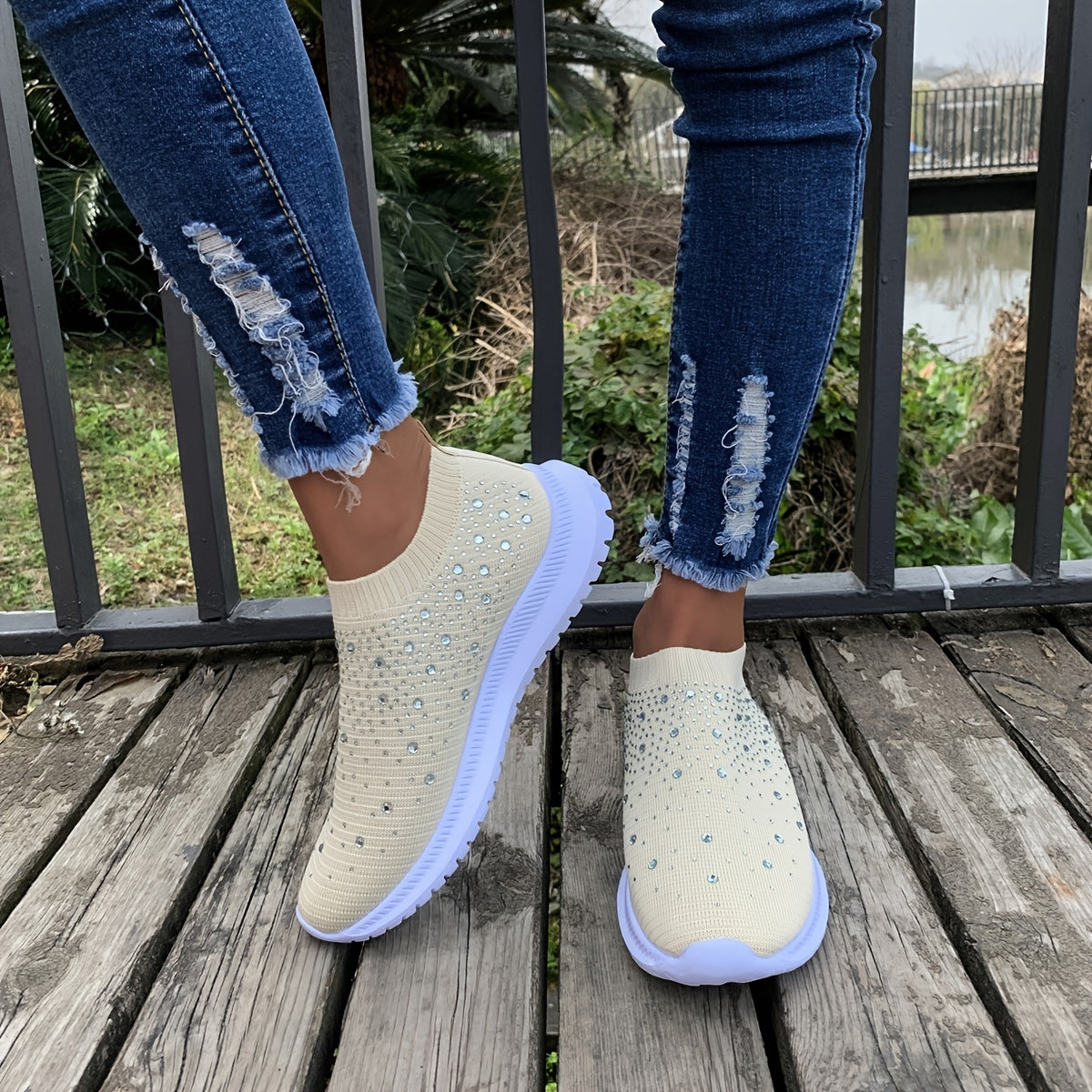 Women's Rhinestone Rainbow Color Block Breathable Mesh Sneakers - Image 9