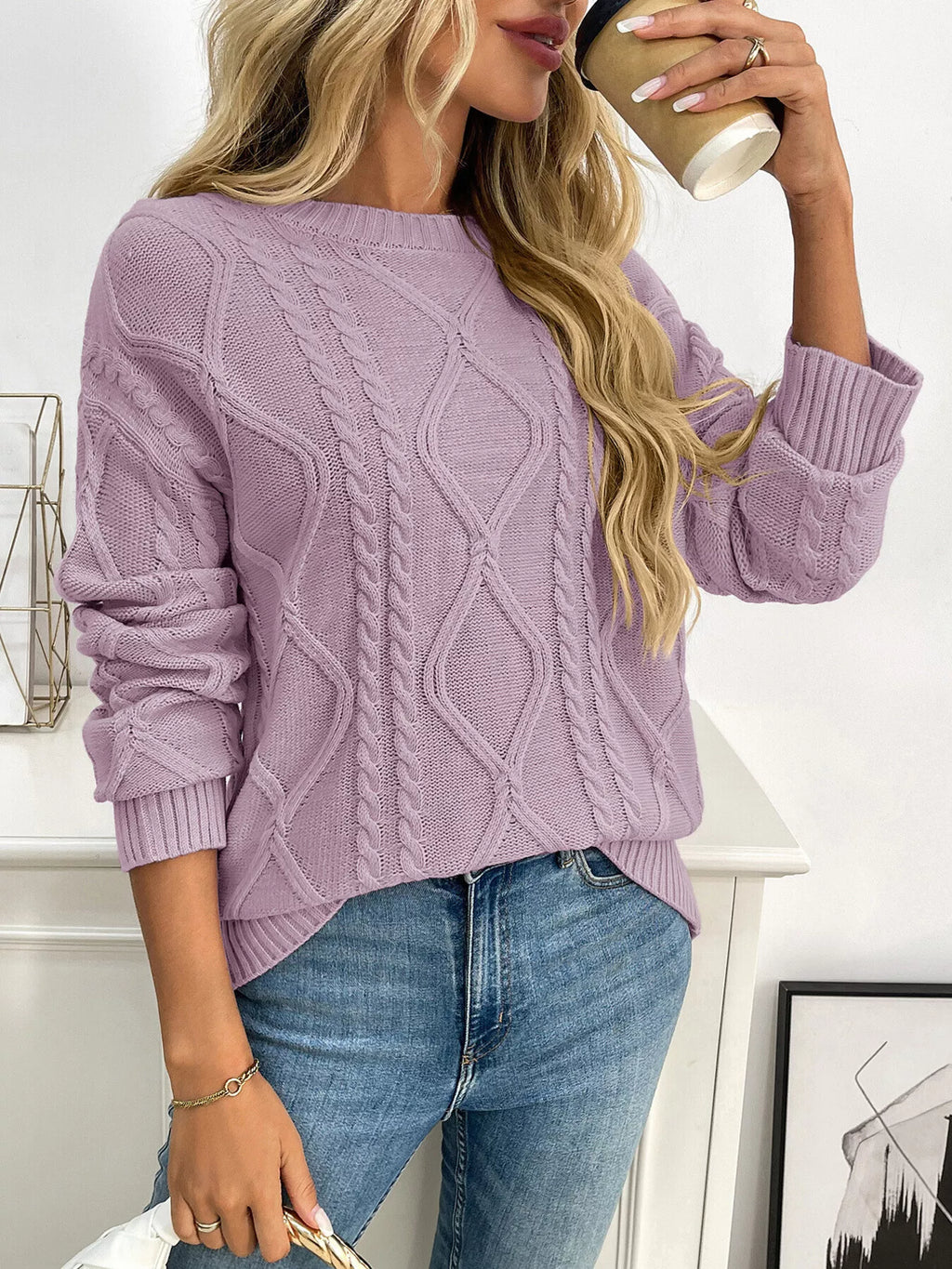 Lavender Cable Knit Round Neck Long Sleeve Sweater - Image 3