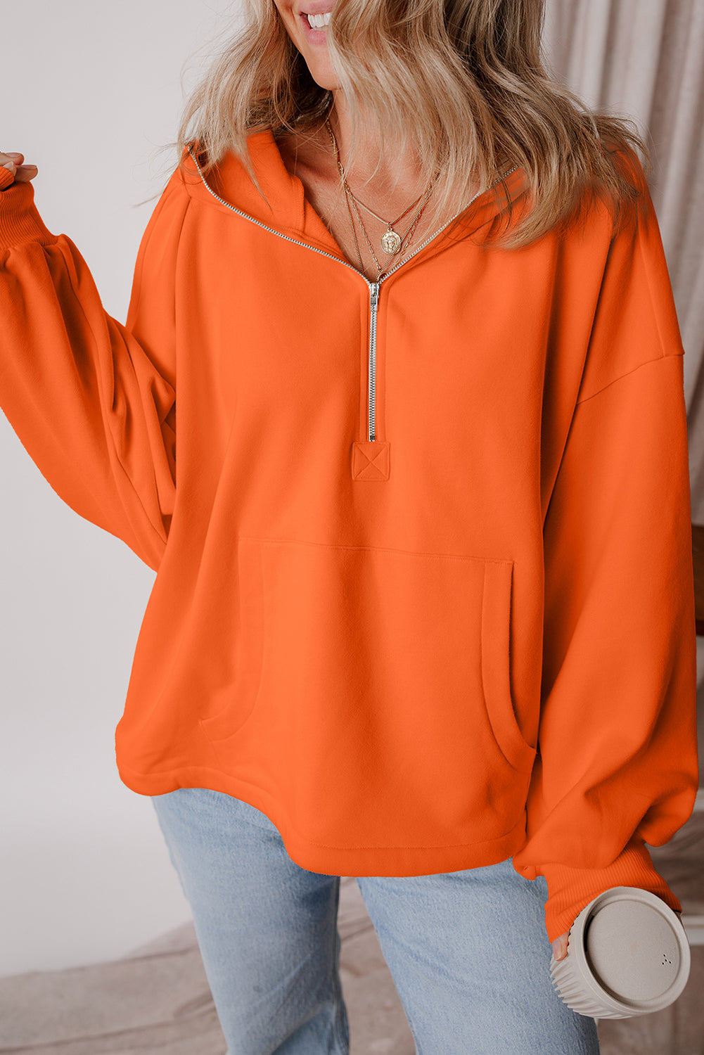 Orange Half Zipper Hoodie with Kangaroo Pockets | Drop Shoulder