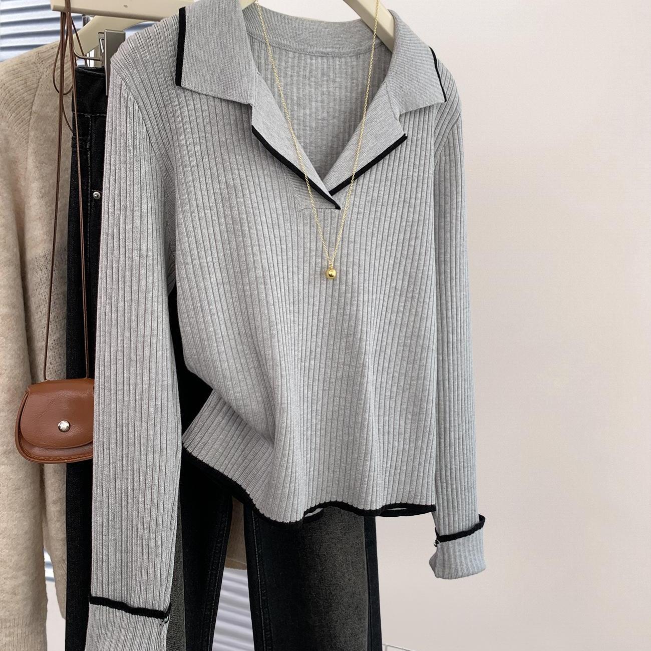 Women's Grey Ribbed Knit Polo Shirt Long Sleeve Slimming Top - Image 2