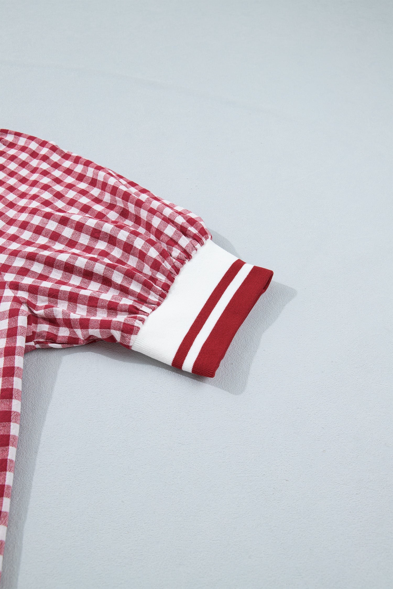 Journi Patchwork Half Zip Blouse in Red and White Geometric