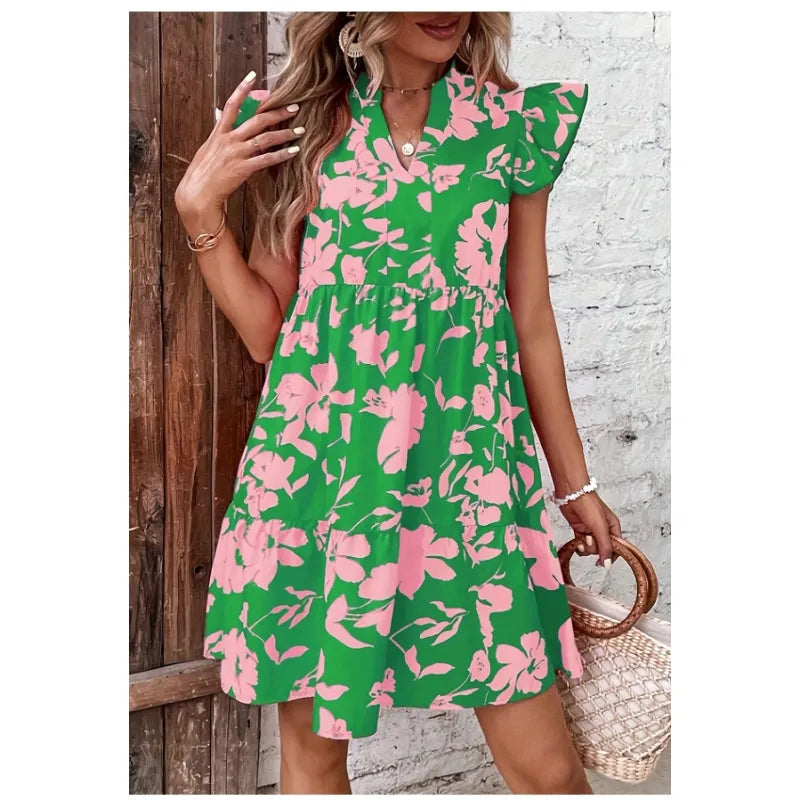 Women’s Floral A-Line Mini Vacation Dress in Red and Pink