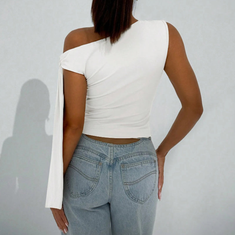 White One-Shoulder Asymmetrical Tie-Shoulder Going Out Party Top