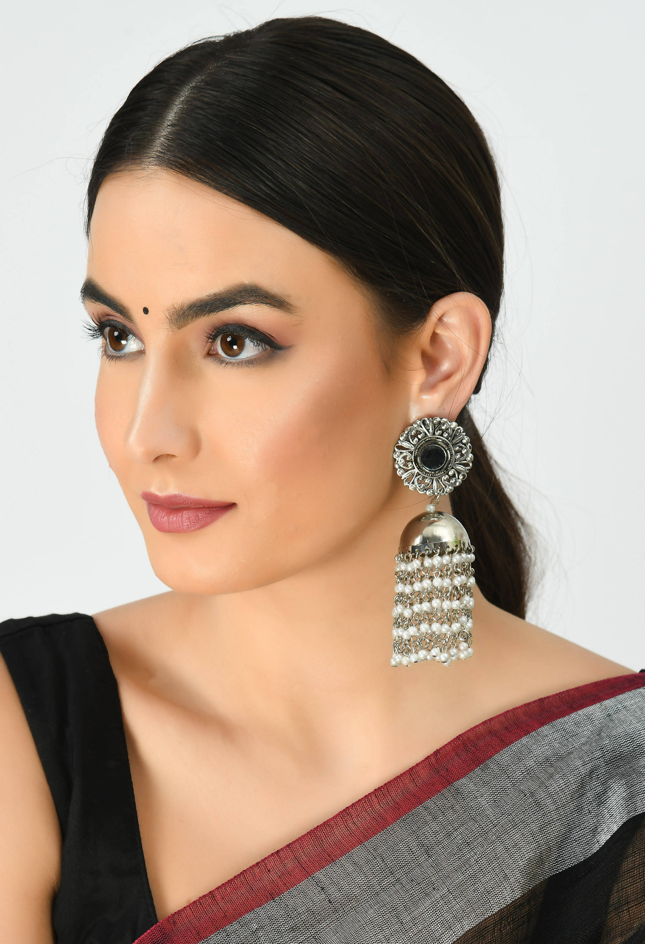 Bohemian Silver Tone Jhumka Earrings with Pearl Accents