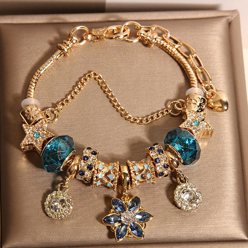 Womens Star And Flower Pendant Blue Crystal Bracelet