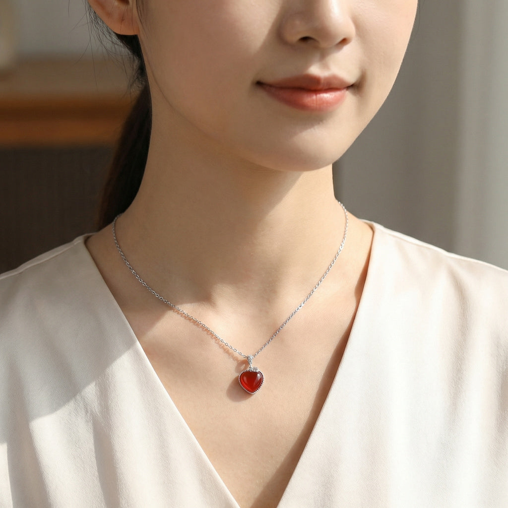 Sterling Silver Heart Necklace with Vibrant Red Gemstone Pendant