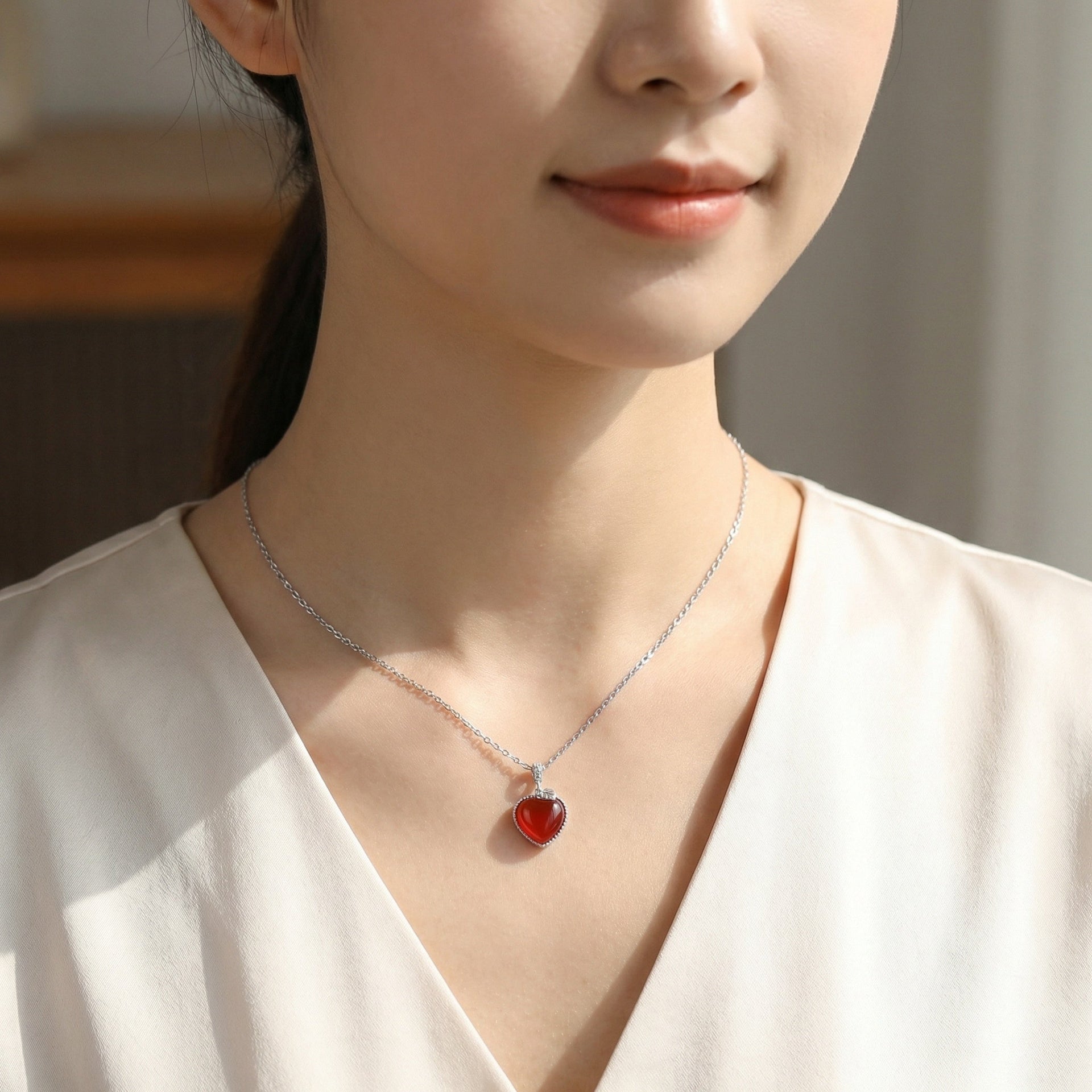 Sterling Silver Heart Necklace with Vibrant Red Gemstone Pendant