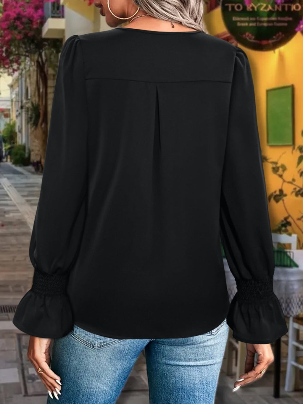 Women's V-Neck Flounce Sleeve Blouse With Ruffled Detail - Image 2