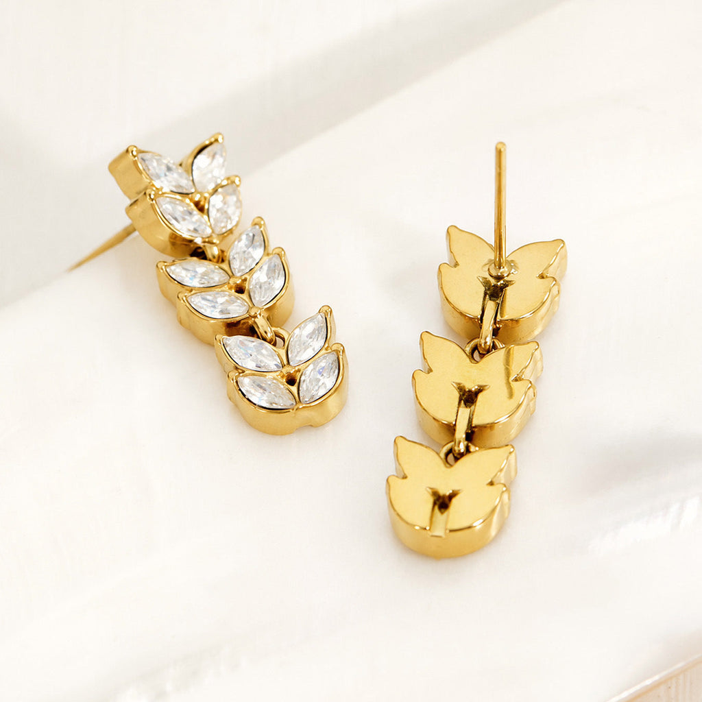 Long Wheat Shape Zircon Earrings PVD Gold Plated Titanium Steel Fashion Women Ear Jewelry For Banquet Daily Party Occasions