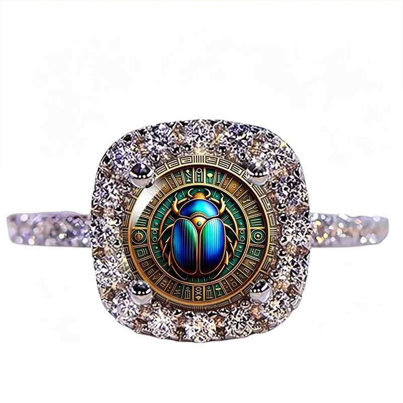 Vintage Ancient Egyptian Scarab Beetle Ring - Mystical Halo Inlaid Crystal Unisex Statement Jewelry