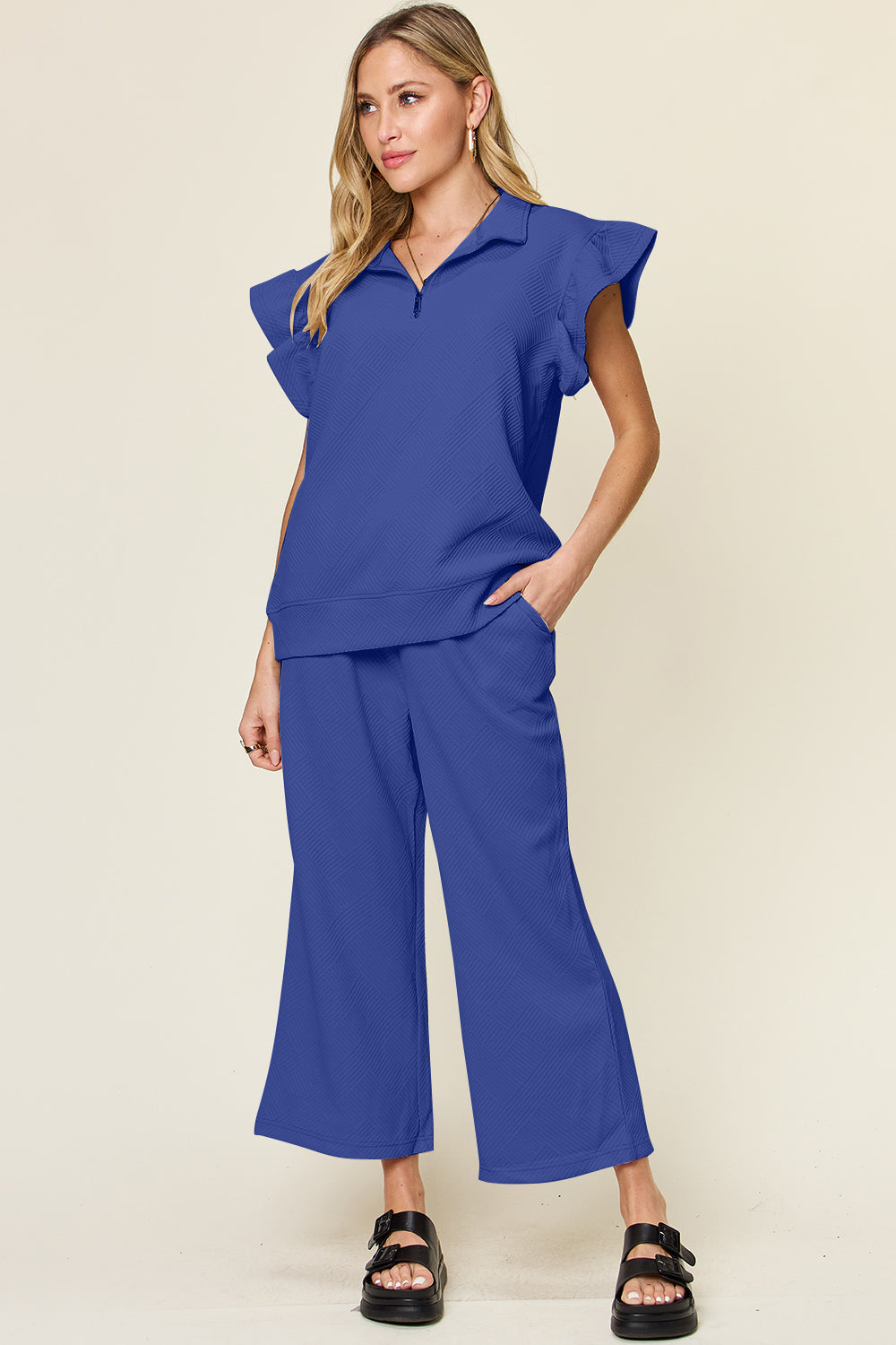 Textured Ruffle Top & Drawstring Wide Leg Pants Set